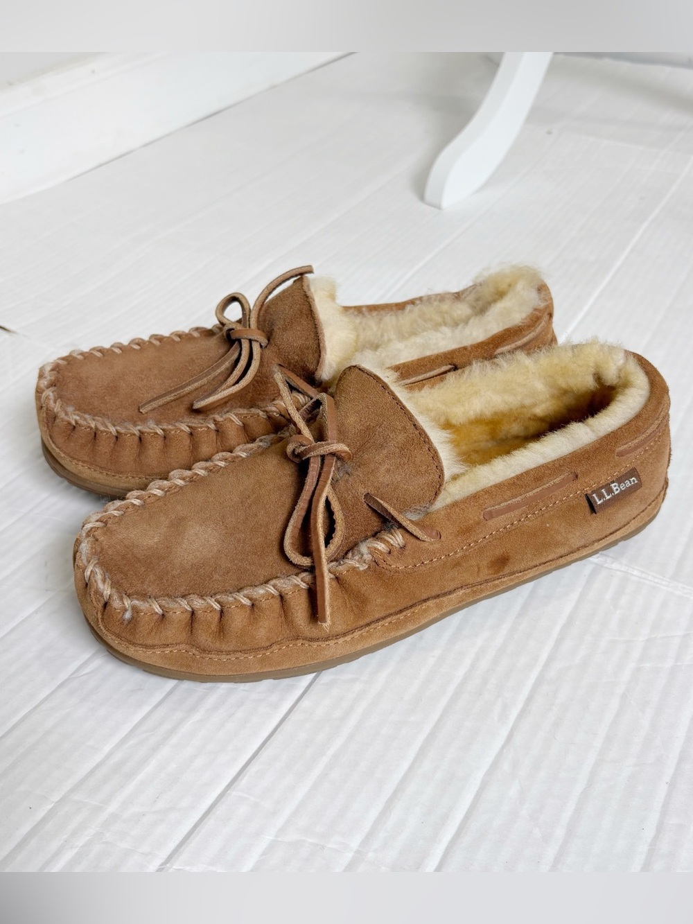 LL Bean Wicked Good Moccasin Slippers Suede Shearling Lined Women's Size 8 Brown